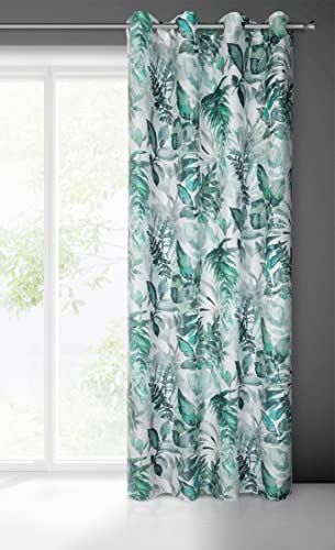 Eurofirany Adeline Botanical Leaves Pattern with Eyelets Microfibre Curtain 1 Piece Modern, Elegant, for Bedroom, Living Room, Children's Room, 140 x 250 cm, White and Green