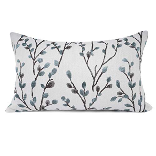 YOUR SMILE Classical Embroidery Jacquard Farmhouse Oblong Rectangle Chenille Teal Leaf Decorative Throw Pillow Case,12x20 inch