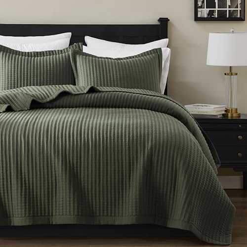 WDCOZY Olive Green Twin Size Quilt Set, Striped Pick Stitch Lightweight Bedspread, Soft Channel Farmhouse Rustic Coverlet, Spring Summer Thin Comforter, Country Bedding, 68x90 inches