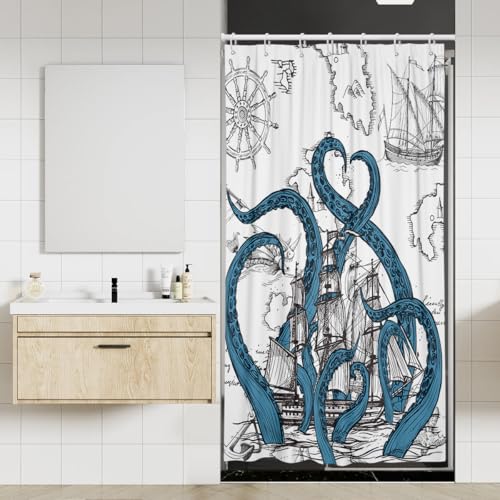 Coxila Octopus Shower Curtain Stall Small Single Mini Blue Nautical Vintage Funny Fun Kraken Monster Ocean Anime Pirate Sea Cool Ship Sailboat Adventure 36 x 72 Inch Polyester Fabric 7 Pack Hooks