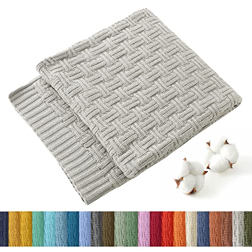 TREELY 100% Cotton Knitted Throw Blanket 50 x 60 Inches, Light Grey - Couch Cover Blanket, Decorative for Couch, Bed & Sofa