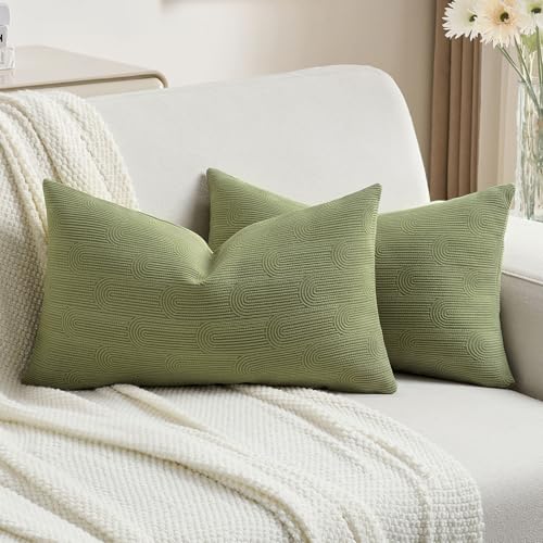 FUTEI Pack of 2 Chenille Decorative Throw Pillow Covers 12x20 Inch,Soft Cozy Striped Geometric Patterns Lumbar Pillow Cases,Modern Home Decor for Couch Bed Living Room,Olive Green