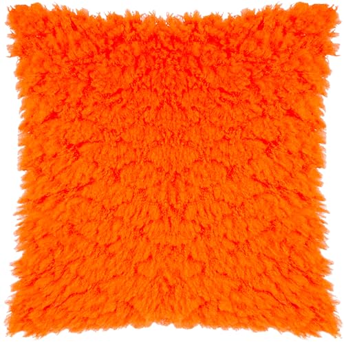 furn. Heya Home Fluff Ball Faux Fur Cushion Polyester Filled – Soft Texture, Bold Colour Pop (Orange Fever - 45x45cm)