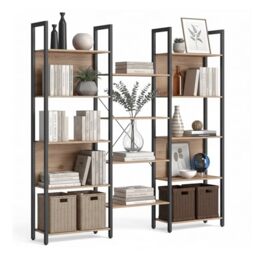 Relaxdays Industrial Wood Effect Bookcase, 14 Open Shelves, Light Brown, H166×W158×D24 cm