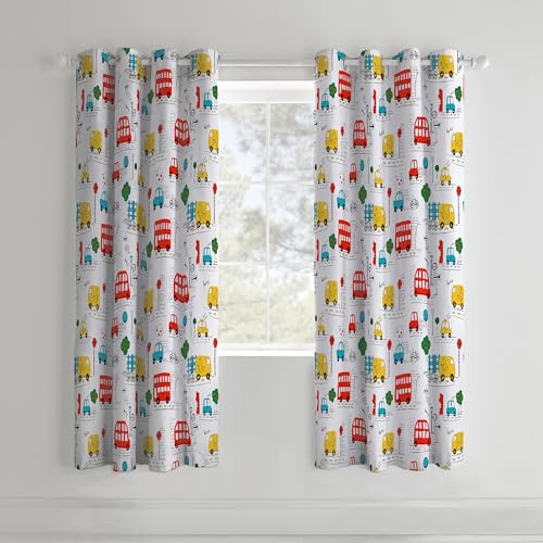 Catherine Lansfield Kids Transport 66x72 Inch Lined Eyelet Curtains Two Panels White