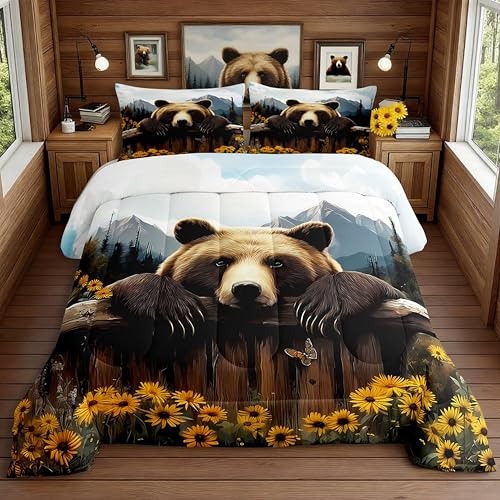 Erosebridal Bear Comforter Set King Woodland Rustic Cabin Bedding Set for Women Men Adults Nature Wild Animal Down Comforter Forest Hunting Country Bed Set Jungle Floral Mountain Bedroom Decor