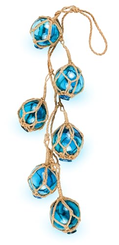 "SAILINGSTORY Glass Fishing Float String of 6 Buoy Balls Summer Decor Nautical Coastal Beach Ornaments for Christmas Tree 2"" Blue"