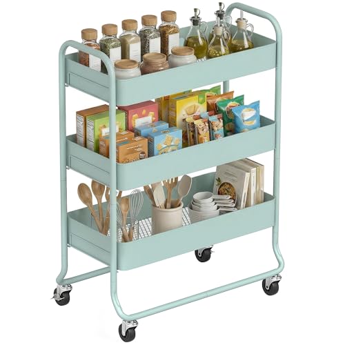 HOMCOM 3-Tier Metal Storage Trolley on Wheels, Rolling Utility Cart with Mesh Backets, Mobile Storage Cart for Kitchen, Bathroom, Bedroom and Living room, Light Green