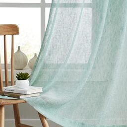 Melodieux Rustic Linen Sheer Curtains 84 Inches Long for Bedroom, Living Room Natural Flax Textured Light Filtering Rod Pocket Burlap Sheer Drapes, 52x84 Inch, Mint (2 Panels)