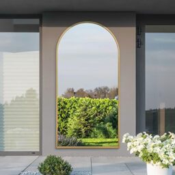 "MirrorOutlet The Arcus - Gold Framed Modern Full Length Arched Leaner Wall Garden Mirror 79"" X 39"" (200CM X 100CM) Silver Mirror Glass with Black All weather Backing."