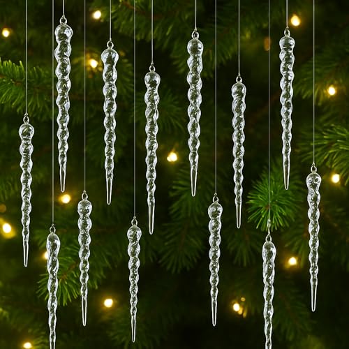 Festive Fix 10pcs Glitter Icicle Christmas Tree Decorations β 12cm Clear Droplet Baubles Set, Crystal-Style Icicles for Xmas Trees, Elegant Hanging Ornaments for Indoor Christmas DΓ©cor