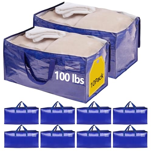 Demiwise 10 Pack Heavy Duty Moving Bags with Strong Zippers and Reinforced Handles, Extra Large Storage Totes for Packing & Moving Storing, Alternative to Moving Boxes for Space Saving-95L,Blue