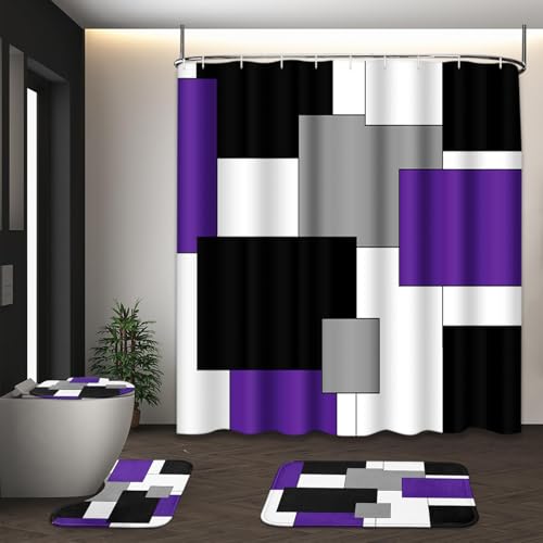"Tayney Purple Geometric Shower Curtain Set, 4 Pcs, Abstract Modern, W 72"" x L 72"", Bathroom Set"