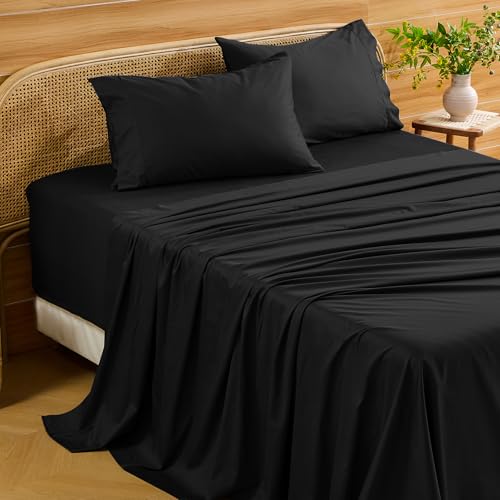 Bedlifes Deep Pocket Sheets 18-24 Inch, King Size Egyptian Cotton 1000 Thread Count, 4-Piece - Fits Extra Thick Mattresses, Cooling & Breathable (Black)