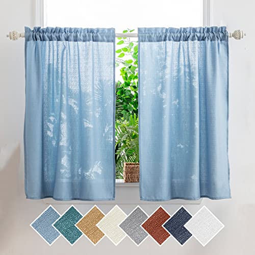 "Yancorp Blue Linen Textured Short Farmhouse Cafe Curtains - 24"" W x 24"" L for Small Windows in Bathroom, Laundry Room"