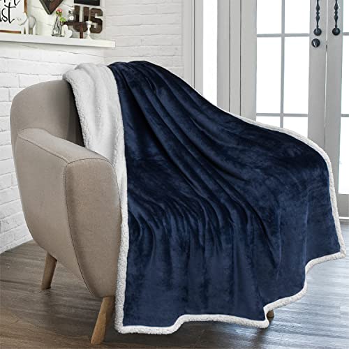 PAVILIA Plush Sherpa Fleece Throw Blanket Navy - Soft, Warm, Fuzzy Dark Blue Throw for Couch Sofa - Solid Reversible Cozy Microfiber Fluffy Blanket, 50x60