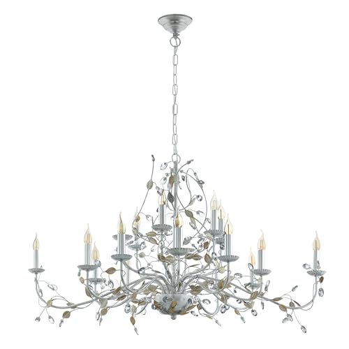 EGLO Crystal chandelier Flitwick 1, 15 lamp vintage pendant lighting, ceiling light fitting in leaf design, hanging lamp made of silver coloured steel, E14 socket