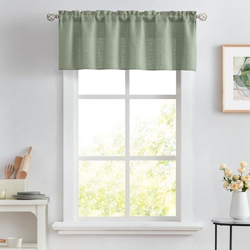 Melodieux Sage Green Semi Sheer Curtain Valance for Kitchen Cafe Small Windows Linen Rustic Rod Pocket Valance, 52 by 18 Inch, 1 Panel