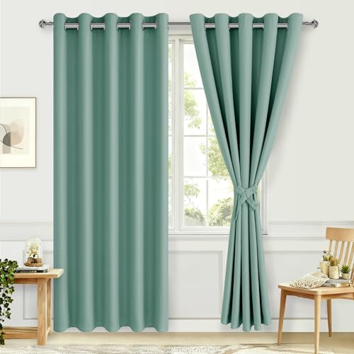 Hiasan Blackout Curtains for Bedroom, 60 x 84 Inches Long - Thermal Insulated & Noise reducing Window Curtains for Living Room, 2 Drape Panels Sewn with Tiebacks, Sage Green