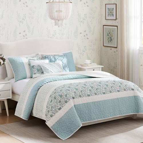 "Madison Park All Season Down Alternative Bedding, Matching Shams, Bedskirt, Decorative Pillows, Cotton, Dawn, Light Teal, Full/Queen(90""x90"")"