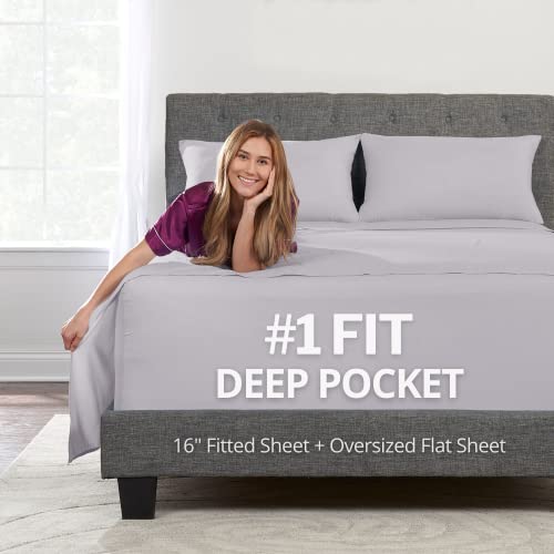 "Full Size Bed Sheet Set - 16"" Deep Pockets Fitted Sheet, Oversize Flat Sheet, 2 Zipper Closure Pillowcases - Grey Lavender"
