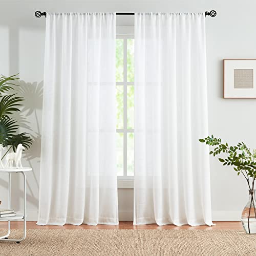 "Treatmentex Linen Textured White Sheer Curtains for Living Room 84inch Long Light Filtering Semi Sheer Window Curtain Panels for Bedroom Sunroom Voile 52"" w x 2 pcs Rod Pocket"