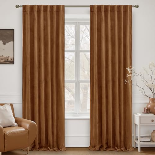 LAMIT 90 Inches Velvet Panels for Living Room, Bronze Brown Thermal Blackout Curtains Room Darkening Back Tab and Rod Pocket Panels for Mid Century Decor Bedroom, 2 Panels, 52 x 90 Inch