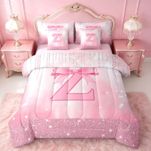 Feelyou Boys Girls Pink Bowknot 7 Pieces Bedding Set Full Size, Personalized Initial Z Comforter Set with Sheets Princess Glitter Bed in A Bag Kids Bow Monogrammed Teens Bed Set Bedroom Decor 7Pcs