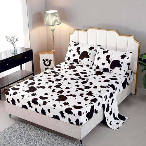 SDY 4 Pieces Cow Sheet Full Super Soft Microfiber Cow Print Sheets for Adult Cow Animal Lovers,with 1 Fitted Sheet+ 1 Flat Sheet + 2 Standard Pillowcase