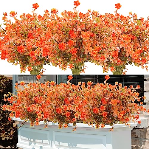 Uieke 24PCS Artificial Fall Flowers for Outdoors, Fake Outdoor Plants, Faux Autumn Plants Bushes, UV Resistant No Fade Plastic Plants Greenery for Outside Garden Porch Sidewalk Window Box D??cor Orange