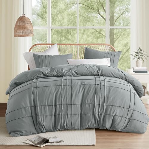 Comfort Spaces Blue/Grey Queen Size Duvet Cover Set - 3 Pieces Pintuck Pleated Duvet Cover Queen, All Season Lightweight, Extra Softness Pre-Washed Microfiber Queen Bedding Cover Shams, Full/Queen