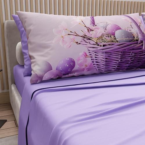 PETTI Artigiani Italiani - Easter Cotton Sheets with Pillowcases in Digital Print, Single Bed Sheet, Easter Bed Set, 20 Lilac, Made in Italy