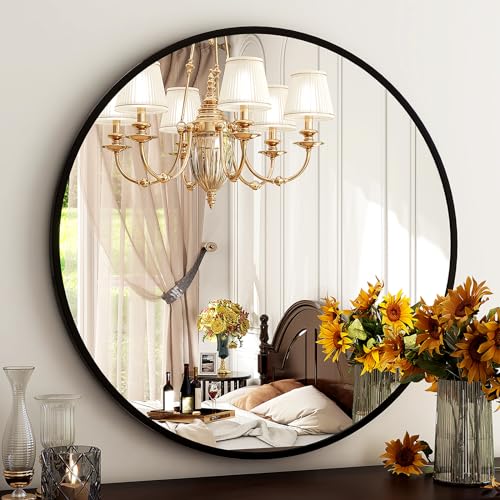 "HARRITPURE 20"" Round Mirror Bathroom Mirror Wall Mounted Vanity Mirror with Brushed Metal Frame Modern Home Decoration for Bathroom, Living Room, Vanity, Bedroom, Entryway,Black"