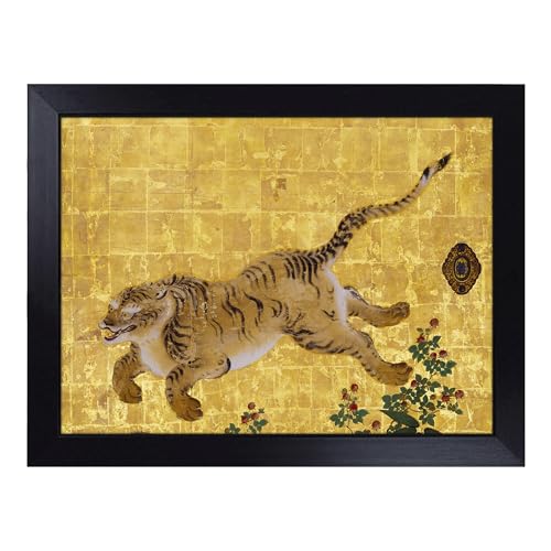 Lap Tray with Bean Bag Cushion, Leaping Tiger By Hashimoto Gaho - Handmade in the UK, Raised Wooden Edge, Padded Cushion, Heat-Resistant Wipe-Clean Surface, for Meals, Laptops and Crafts