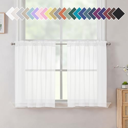 Aiyufneg White Sheer Valance for Window Curtains 24 Inch Length, Light Filtering Kitchen Valances, Small Voile Sheer Curtains for Living Room/Bathroom/Basement, Dual Rod Pocket, 2PCS, 40W x 24L Inch