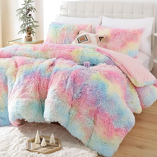 Smoofy Fluffy King Size Comforter Set, Faux Fur Rainbow Comforter Set, Luxury Fuzzy King Bedding Set, Soft Shaggy Bed Set for All Season, 3 Pieces - 1 Comforter & 2 Pillowcases, Tie-Dye Pink