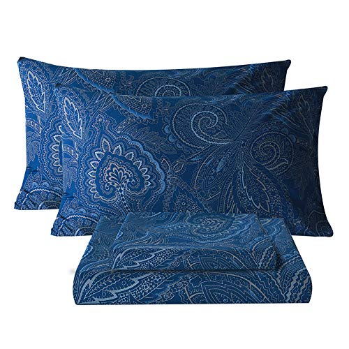 Bedlifes Twin Sheet Set Ultra Soft, Breathable, Silky Flower Deep Pocket 100% Microfiber Bedding, 3 Piece Twin Size Paisley Dark Navy Blue