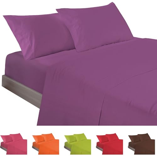 ECOMMERC3 - 4 Piece Sheet Set for 105 Bed Made in Spain - Sheet Set with Fitted Sheet, Top Sheet and 2 Lilac Pillowcases, Extra Soft and Lightweight Sheet