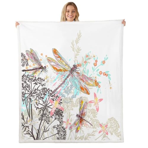 "Feelyou Dragonfly Fleece Sherpa Throw Blanket Soft Cozy Fluffy Flowers Fuzzy Blanket Caring Gift for Women & Adults Botanical Weed Plush Microfiber Blanket 30""x40"""