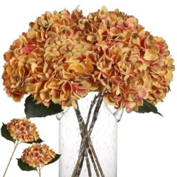 Kisflower 6 Pcs Artificial Hydrangea Silk Realistic Hydrangea Flower Bouquet for Wedding Party Office Home Decor Burnt Orange