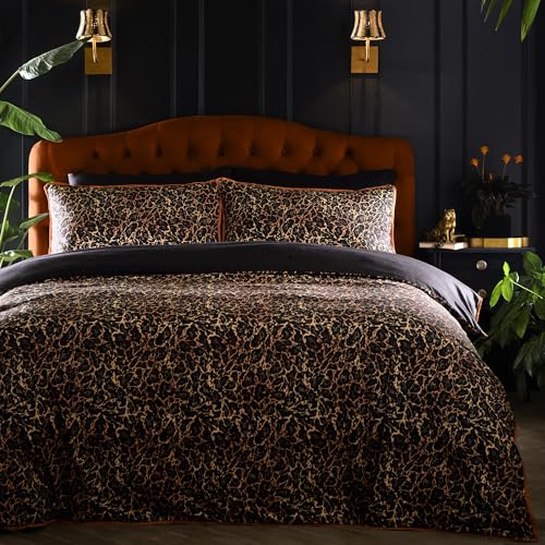 Laurence Llewelyn-Bowen Roxy Leopard Print Black Duvet Cover Set Double – Animals Piping Trim Bedding – Breathable Cotton – Includes 1 Duvet Cover (200 x 200cm) & 2 Pillowcases
