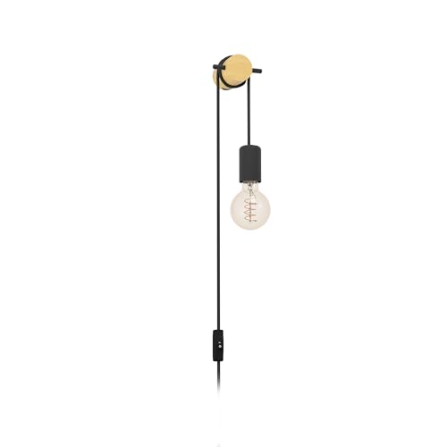 Eglo Wall Lamp Indoor Buddon, Vintage Style Mounted Light Natural, Lighting with Plug and Switch, Fixture Wood Black Metal, FSC Certified, E27 Socket