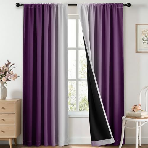 Yakamok 100% Blackout Curtains 84 inches Long, Room Darkening Purple and Greyish White Curtains Ombre for Bedroom,Gradient Rod Pocket Window Curtains for Living Room,2 Panels,52x84 inch