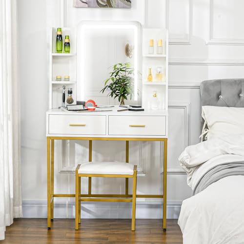 HOMCOM Dressing Table with Mirror, Cushioned Stool, 3 Colour LED Lights, Makeup  Vanity Desk Set with Drawers and Open Shelves, Modern Dresser Vanity Table  for Bedroom, White by Amazon | uFurnish.com