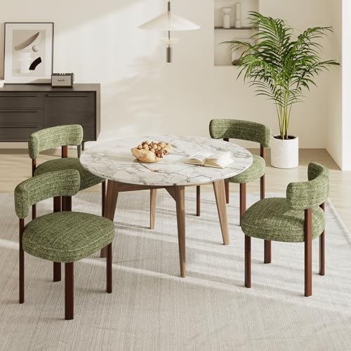 COLAMY Wooden Dining Chairs Set of 4, Fabric Chairs for Dining Room with Open Curved Backrest and Thick Seat Cushion, Upholstered Kitchen Chair with Anti-Slip Pads, Green