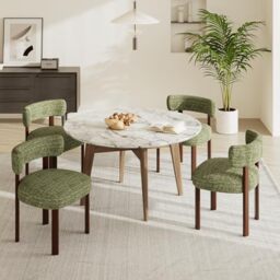 COLAMY Wooden Dining Chairs Set of 4, Fabric Chairs for Dining Room with Open Curved Backrest and Thick Seat Cushion, Upholstered Kitchen Chair with Anti-Slip Pads, Green