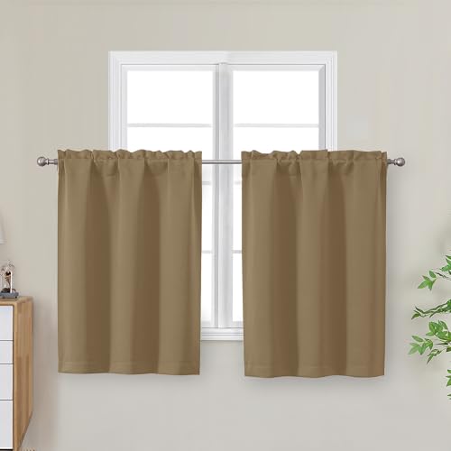 "OWENIE Taupe Kitchen Curtains 30 Inch Length, Short Blackout Small Thermal Insulated Curtains Tier Over Sink Rod Pocket Half Window for Bathroom Bedroom Camper RV Bunk, 2 Panels, Each 30"" Wx30 L"