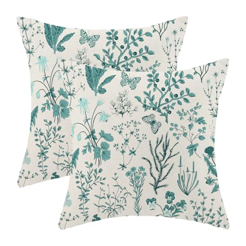 AEIOAE Summer Pillow Covers 16x16 Inch Set of 2,Teal Green Wild Flower Plant Throw Pillows Case,Seasonal Floral Outdoor Decorative Square Linen Farmhouse Decor Cushion Covers for Home Sofa Bed Couch