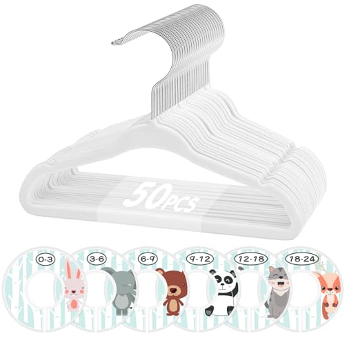 VIS'V Velvet Baby Hangers with 6 Pcs Size Dividers, 11 Inch, White, 50 Pcs - Compact Size, Non Slip, Infant Toddler Nursery Closet Organization