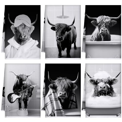 Boyiee Set of 6 Highland Cattle Kitchen Towels Funny Black and White Bathroom Cow Towels Absorbent 24 x 16 Inches Cute Bull Tea Hand Tea Washcloth Gifts for Farmhouse Bathroom Kitchen Decorations